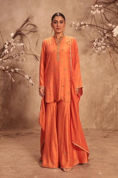 Nazakat Orange Mirror Work Sharara Set