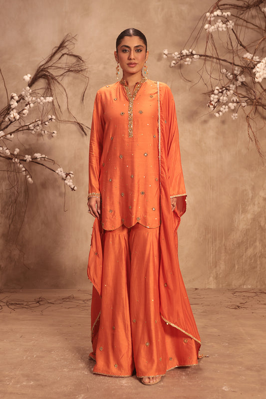 Nazakat Orange Mirror Work Sharara Set
