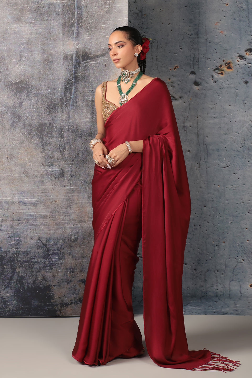 Zar:Rang Maroon Fringe Saree Set