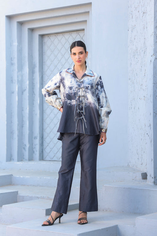 Grey Shibori Rose Tie-Up Shirt