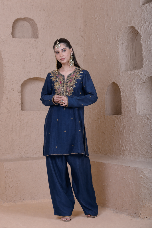 Rangrez  Blue Heavy Neck Short Kurta Set