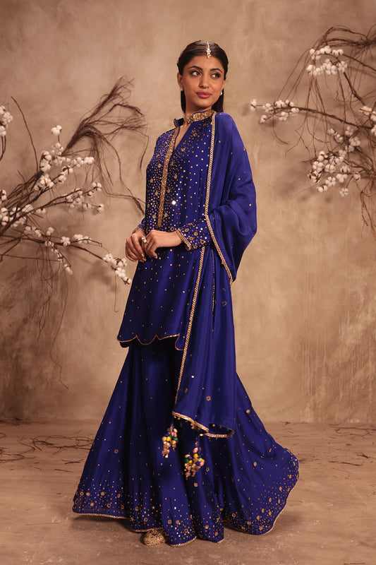 Nazakat Indigo Heavy Mirror Work Sharara Set