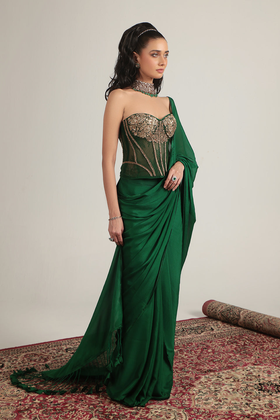 Zar:Rang Green Zardosi Corset Saree Set