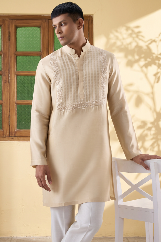 Vaayu Beige Applique Embroidered Kurta Set