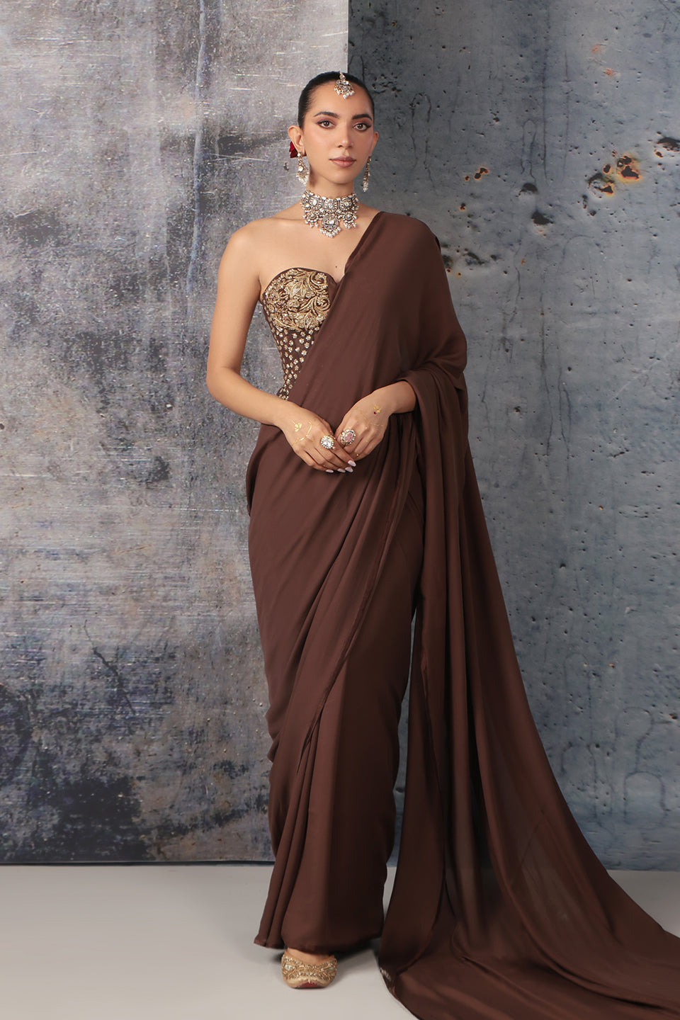 Zar:Rang Brown Corset Saree Set
