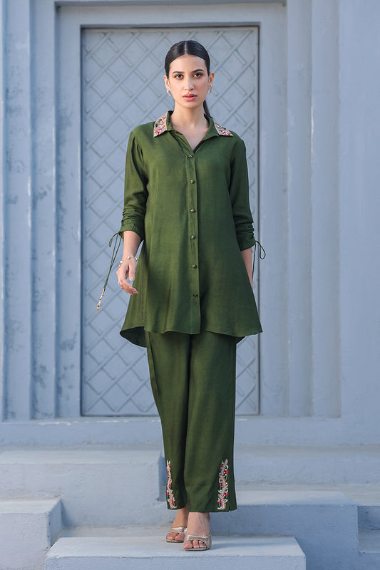Olive Green Zardozi Collar Co-ord Set