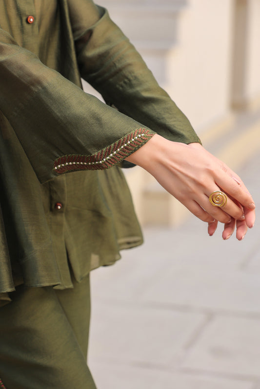 Olive Green V Neck Gathered Top