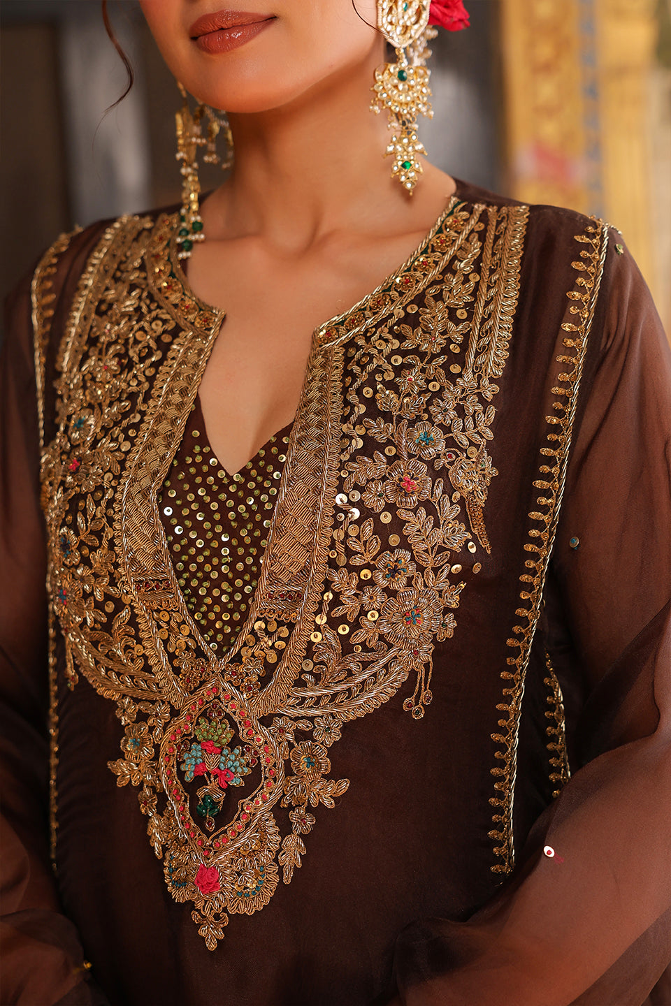 Ahista Brown Pakhi Yoke Pheran Long Kurta Set