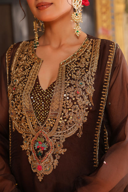 Ahista Brown Pakhi Yoke Pheran Long Kurta Set