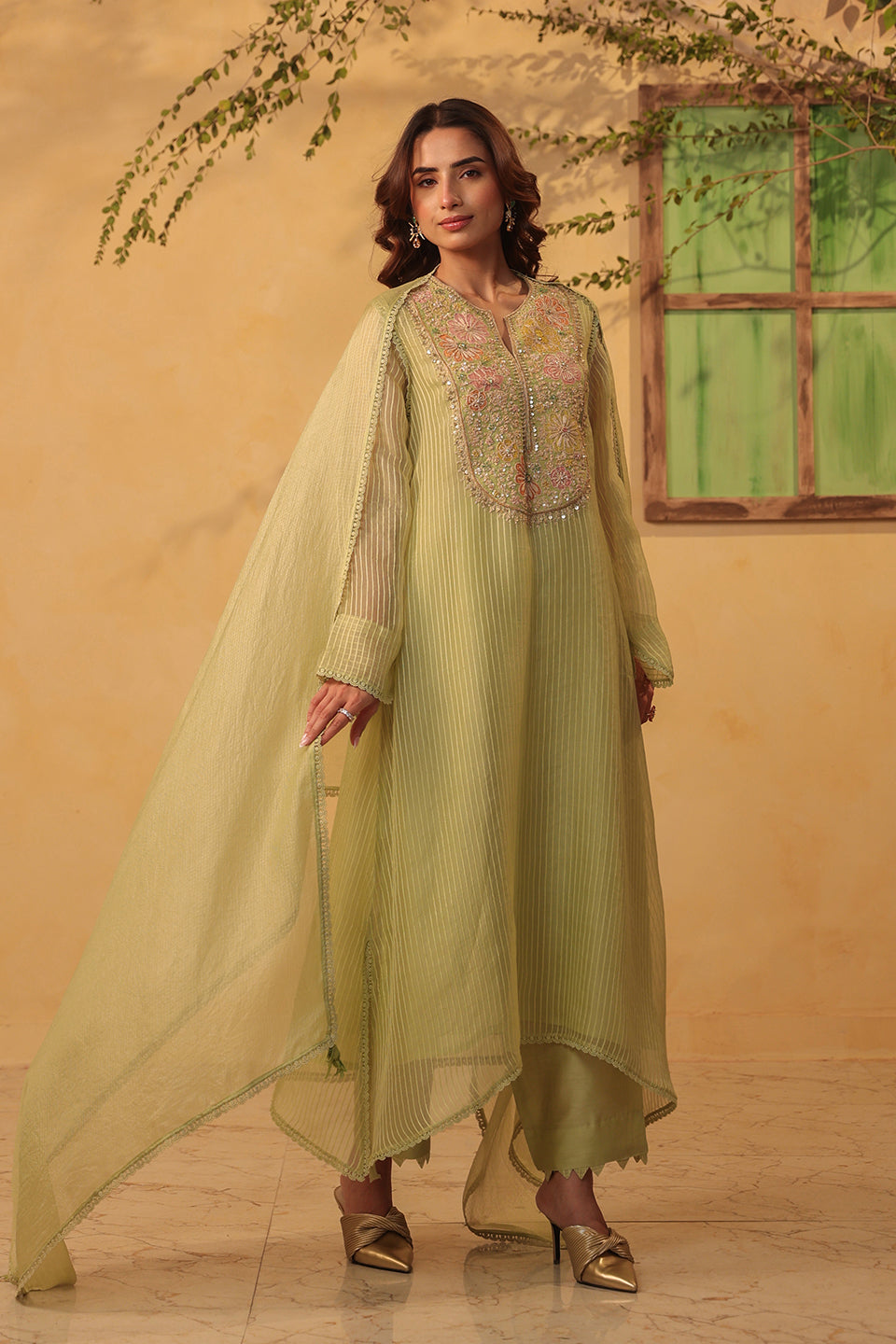 Vaayu Green  Applique Yoke Kurta Set