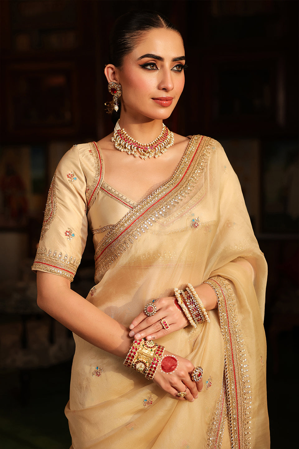 Ahista Ivory Patti Buta Saree Set