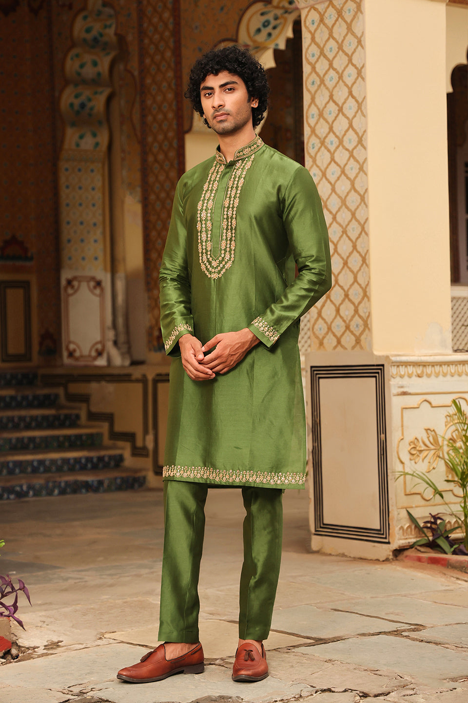 Ahista Green Tikki Embroidered Neckline Kurta Set