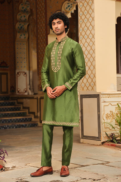 Ahista Green Tikki Embroidered Neckline Kurta Set