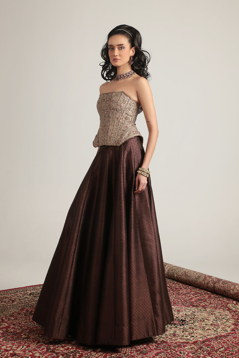 Zar:Rang Brown Panelled Corset Quilted Lehenga Set