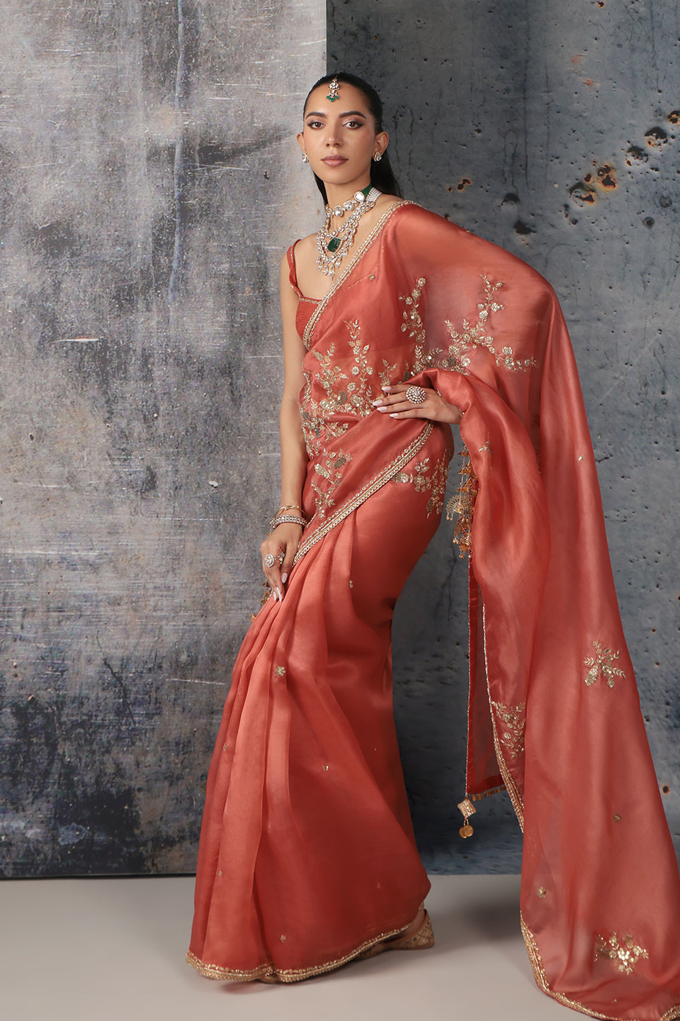 Zar:Rang Orange Zardosi Saree Set