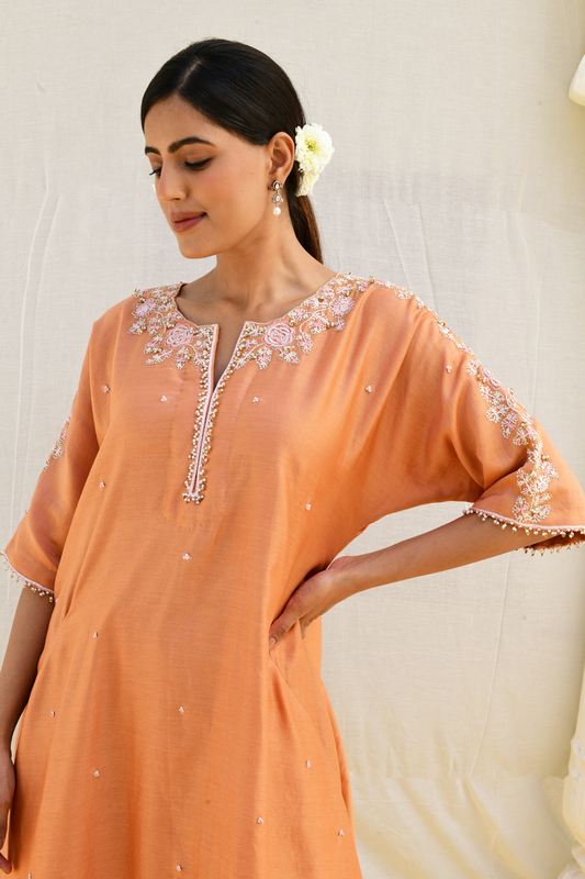 Peach Roselyn Shoulder Embroidery Kurta Set