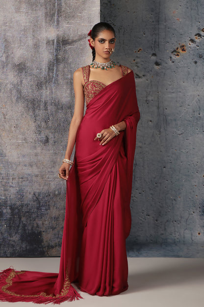 Zar:Rang Maroon Heavy Fringe Saree Set