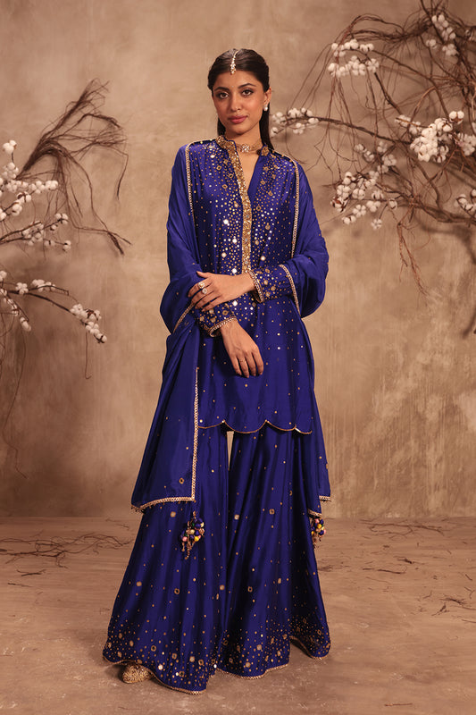 Nazakat Indigo Heavy Mirror Work Sharara Set