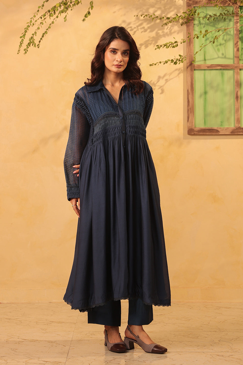 Vaayu Dark Blue Pintuck Collar Kurta Set