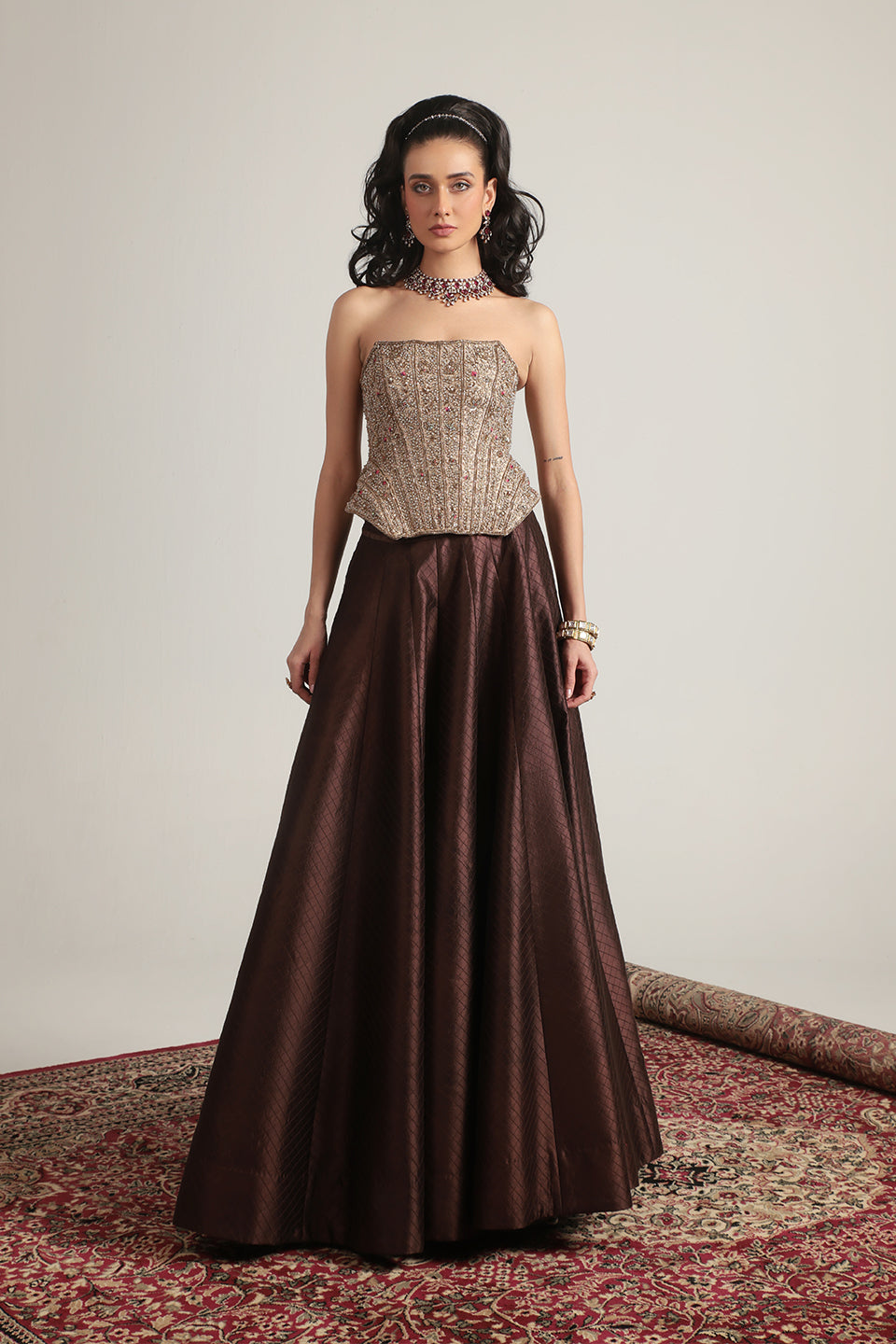 Zar:Rang Brown Panelled Corset Quilted Lehenga Set