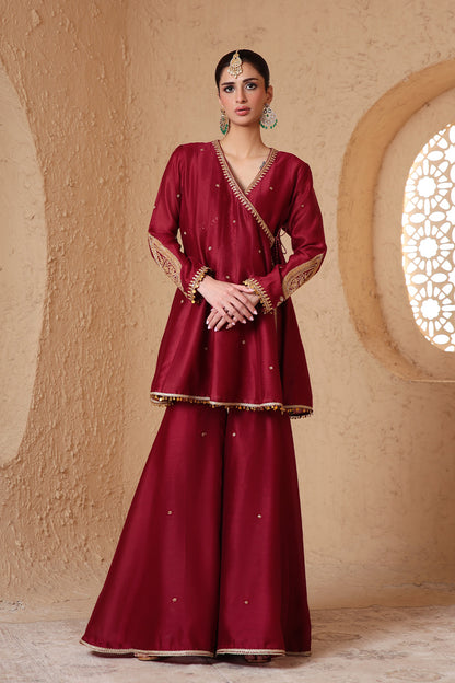 Mehrang Maroon Angrakha Sharara Set