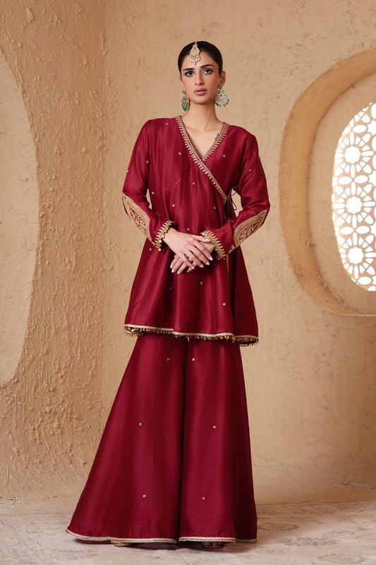Mehrang Maroon Angrakha Sharara Set