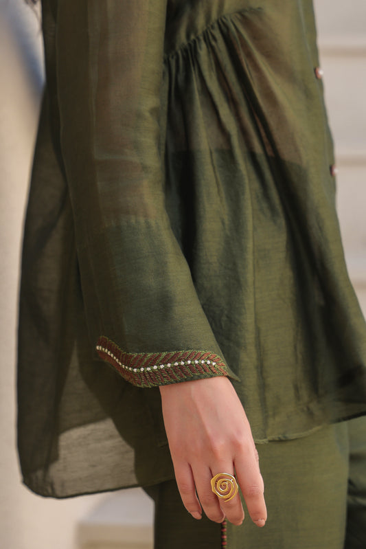 Olive Green V Neck Gathered Top