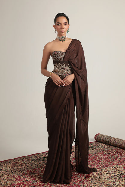Zar:Rang Brown Double Corset Saree Set
