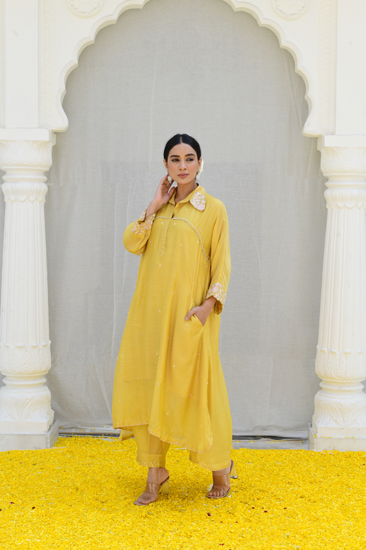 Yellow Roselyn Collar Embroidery Kurta Set