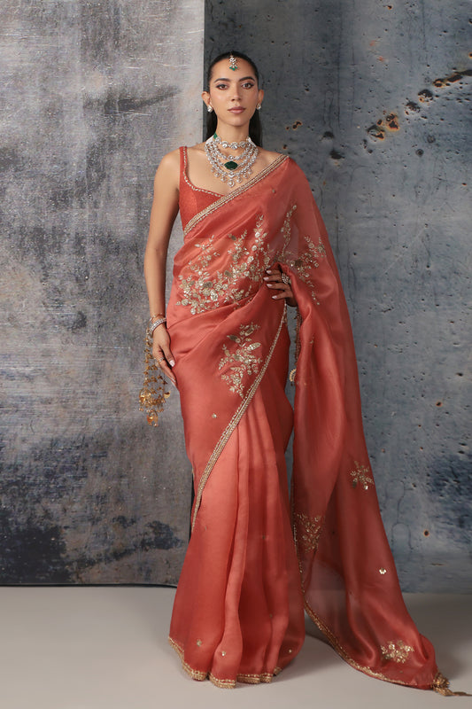 Zar:Rang Orange Zardosi Saree Set