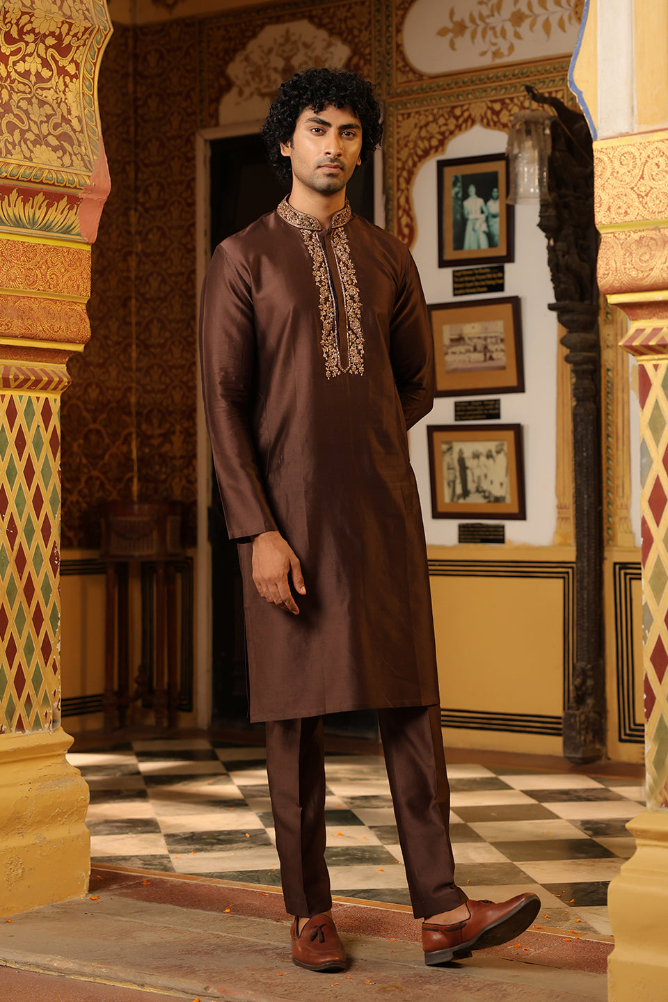 Ahista Brown Zardosi Embroidered Neckline Kurta Set