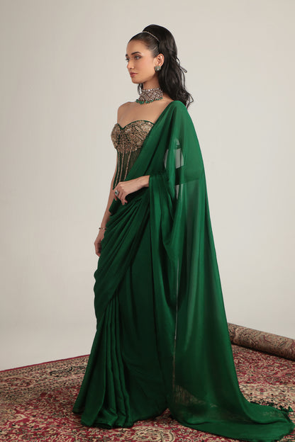 Zar:Rang Green Zardosi Corset Saree Set