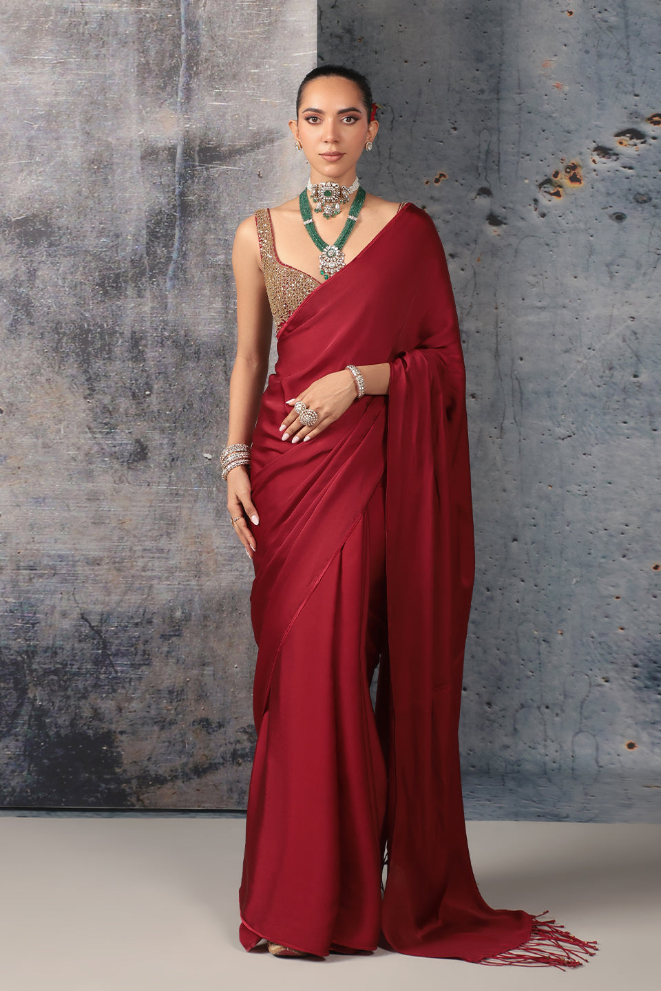 Zar:Rang Maroon Fringe Saree Set