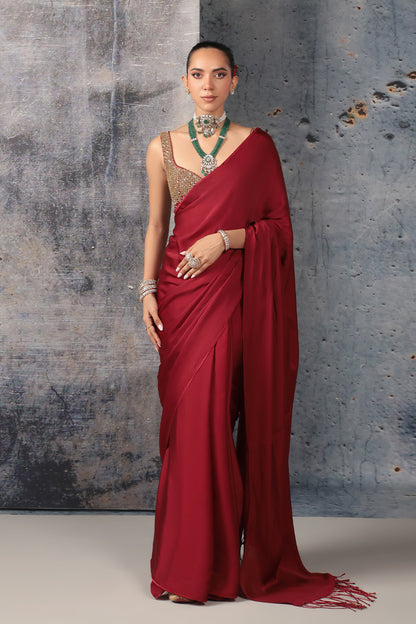 Zar:Rang Maroon Fringe Saree Set