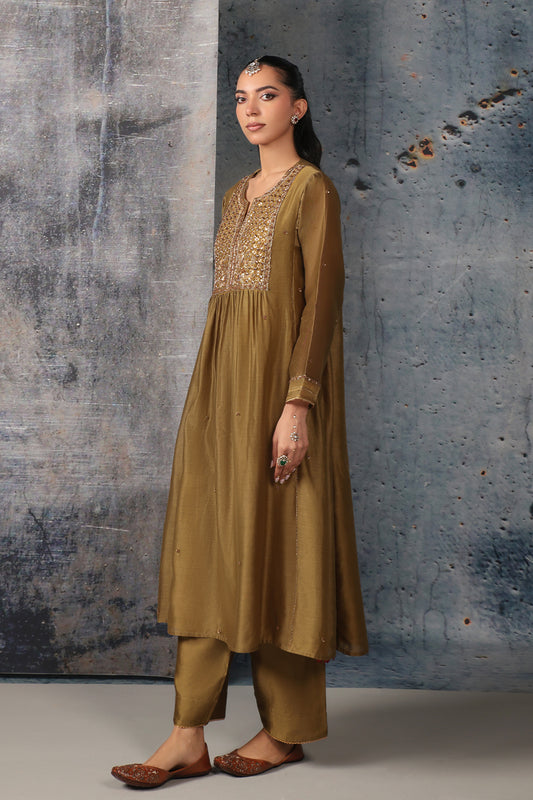 Mehrang Olive Green Frockstyle Kurta Set