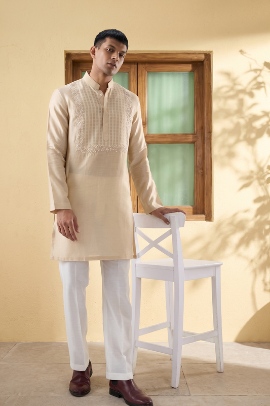 Vaayu Beige Applique Embroidered Kurta Set