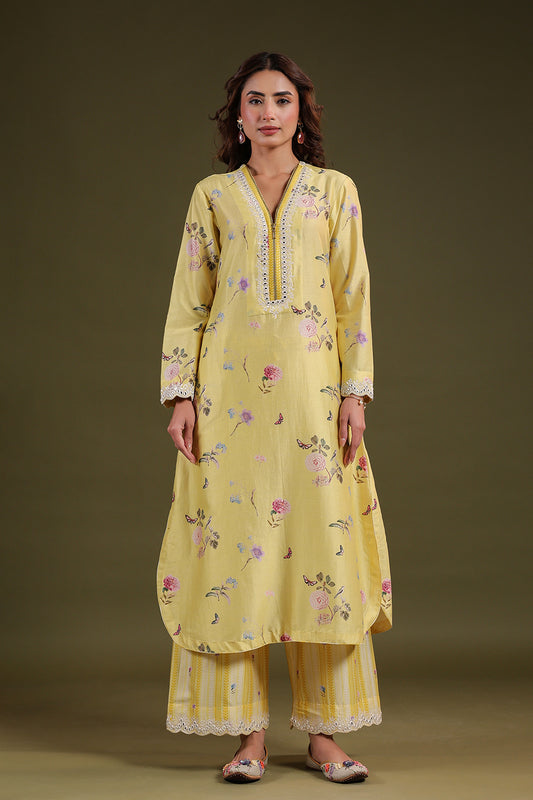 Noor Yellow Long Zipper Kurta Set