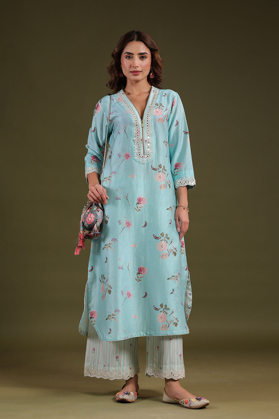 Noor Light Blue Long Zipper Kurta Set
