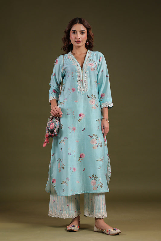 Noor Light Blue Long Zipper Kurta Set