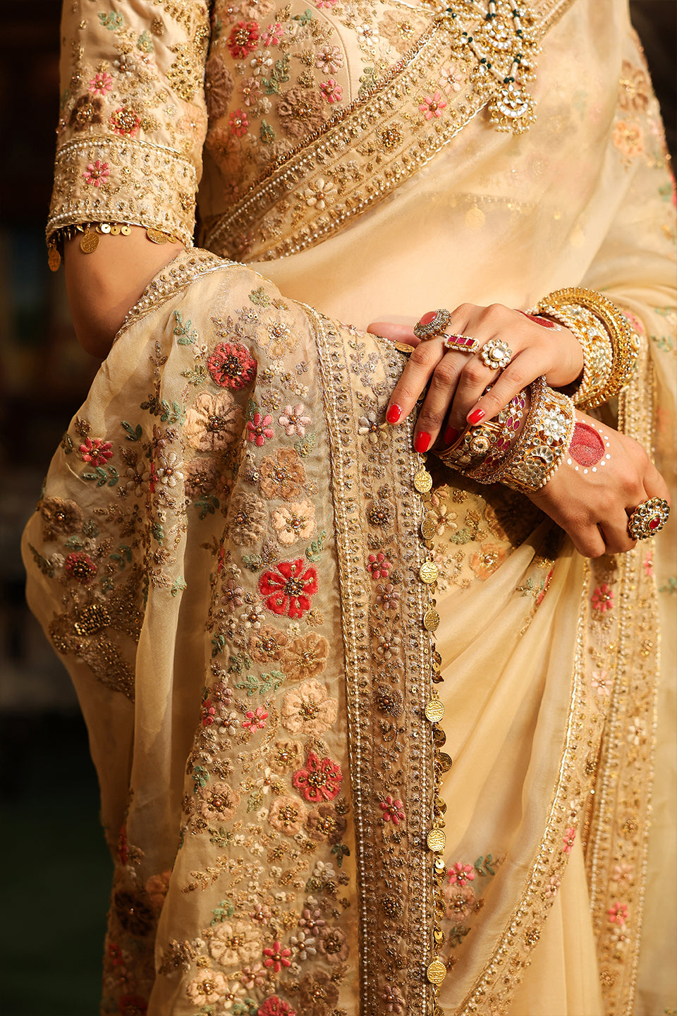 Ahista Ivory Mayur Applique Saree Set