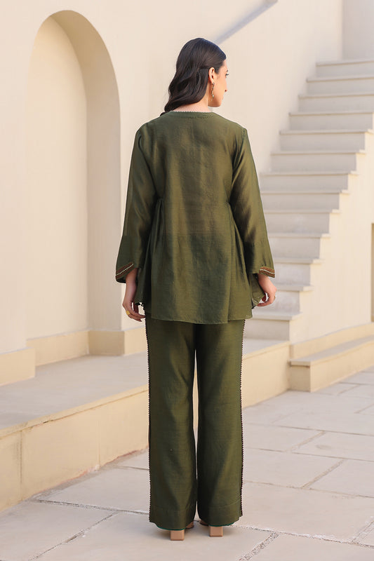 Olive Green V Neck Gathered Top