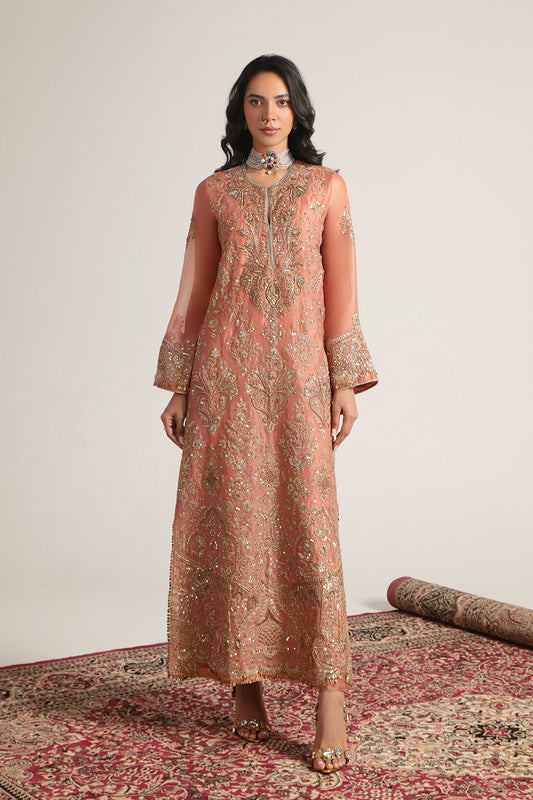 Zar:Rang Peach Heavy Jaal Kaftan Set