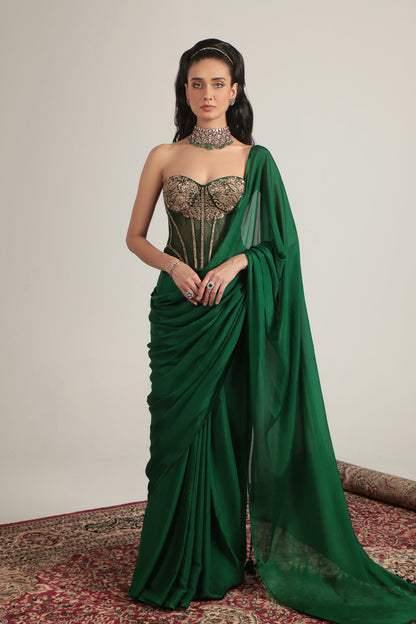 Zar:Rang Green Zardosi Corset Saree Set