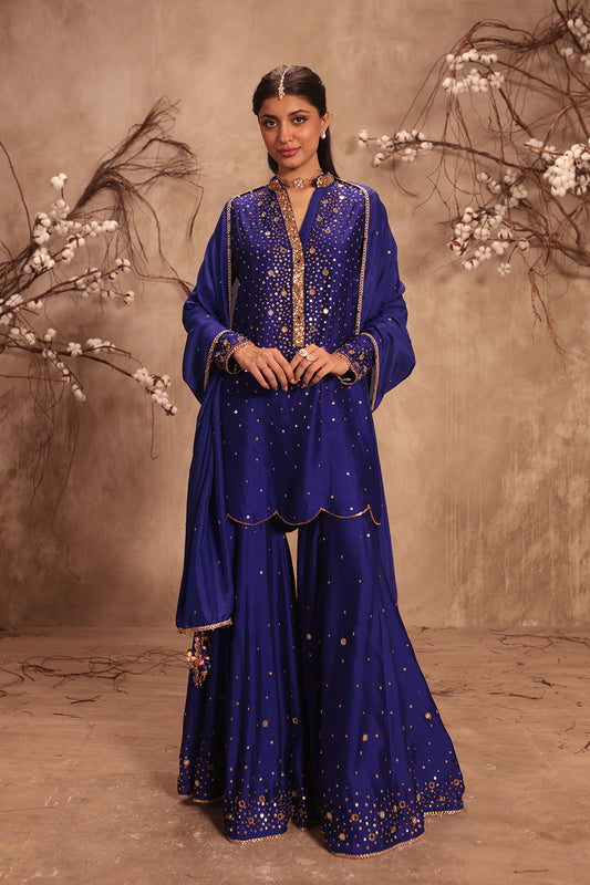Nazakat Indigo Heavy Mirror Work Sharara Set