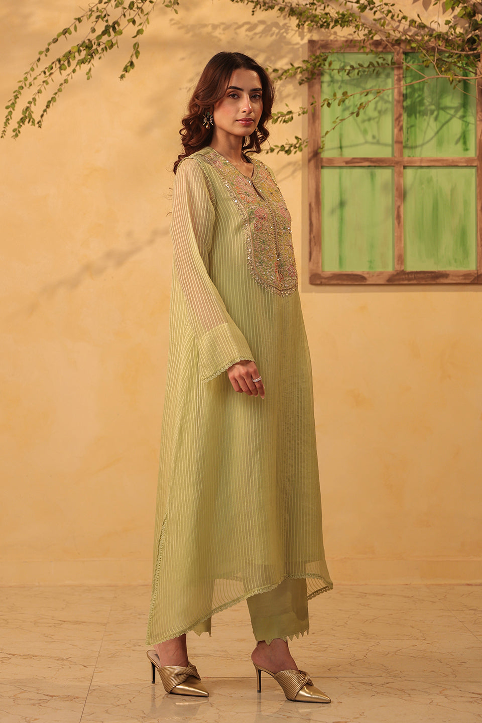 Vaayu Green  Applique Yoke Kurta Set