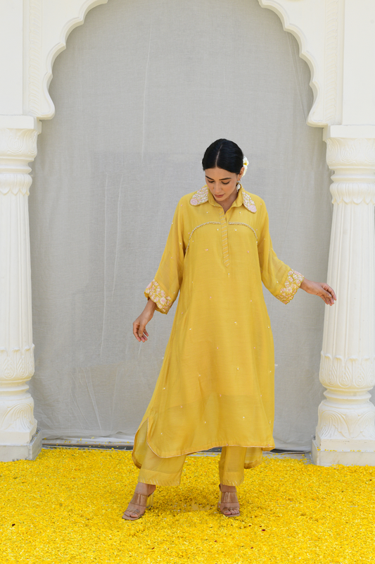 Yellow Roselyn Collar Embroidery Kurta Set