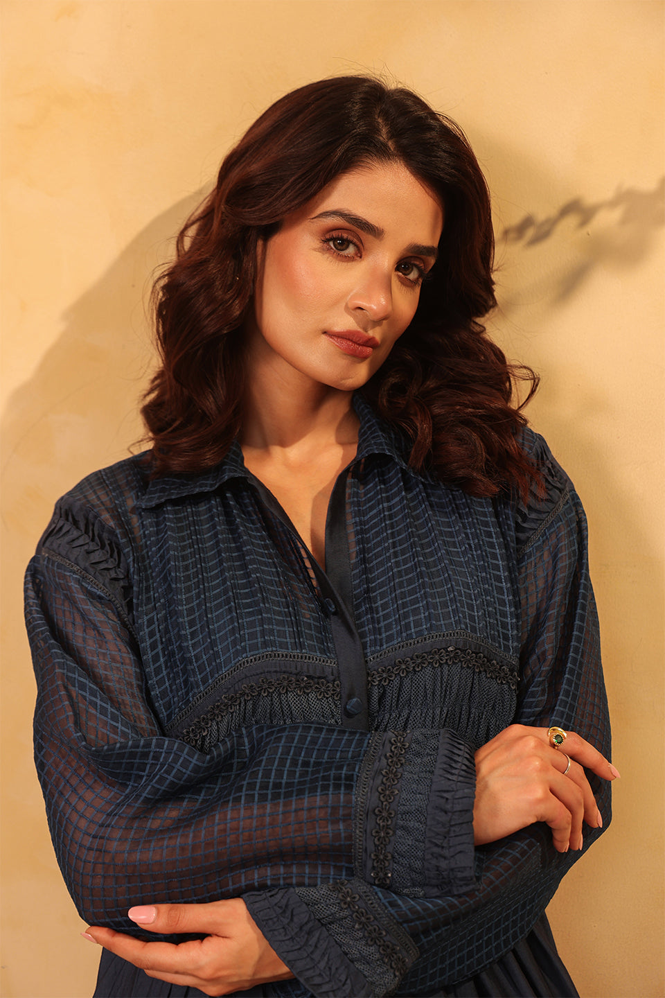 Vaayu Dark Blue Pintuck Collar Kurta Set