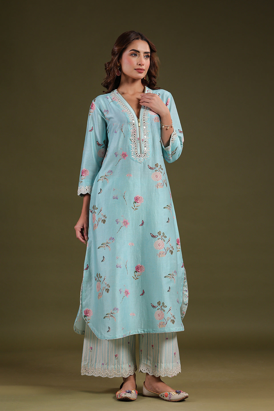 Noor Light Blue Long Zipper Kurta Set