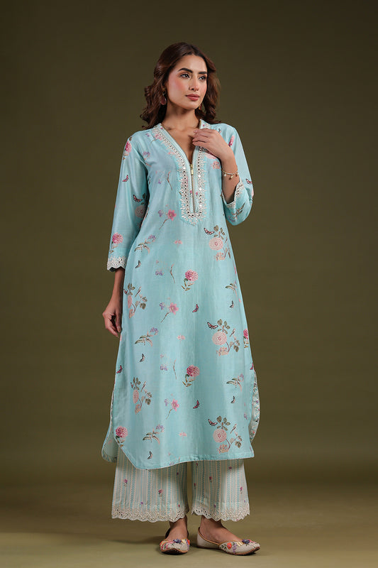 Noor Light Blue Long Zipper Kurta Set