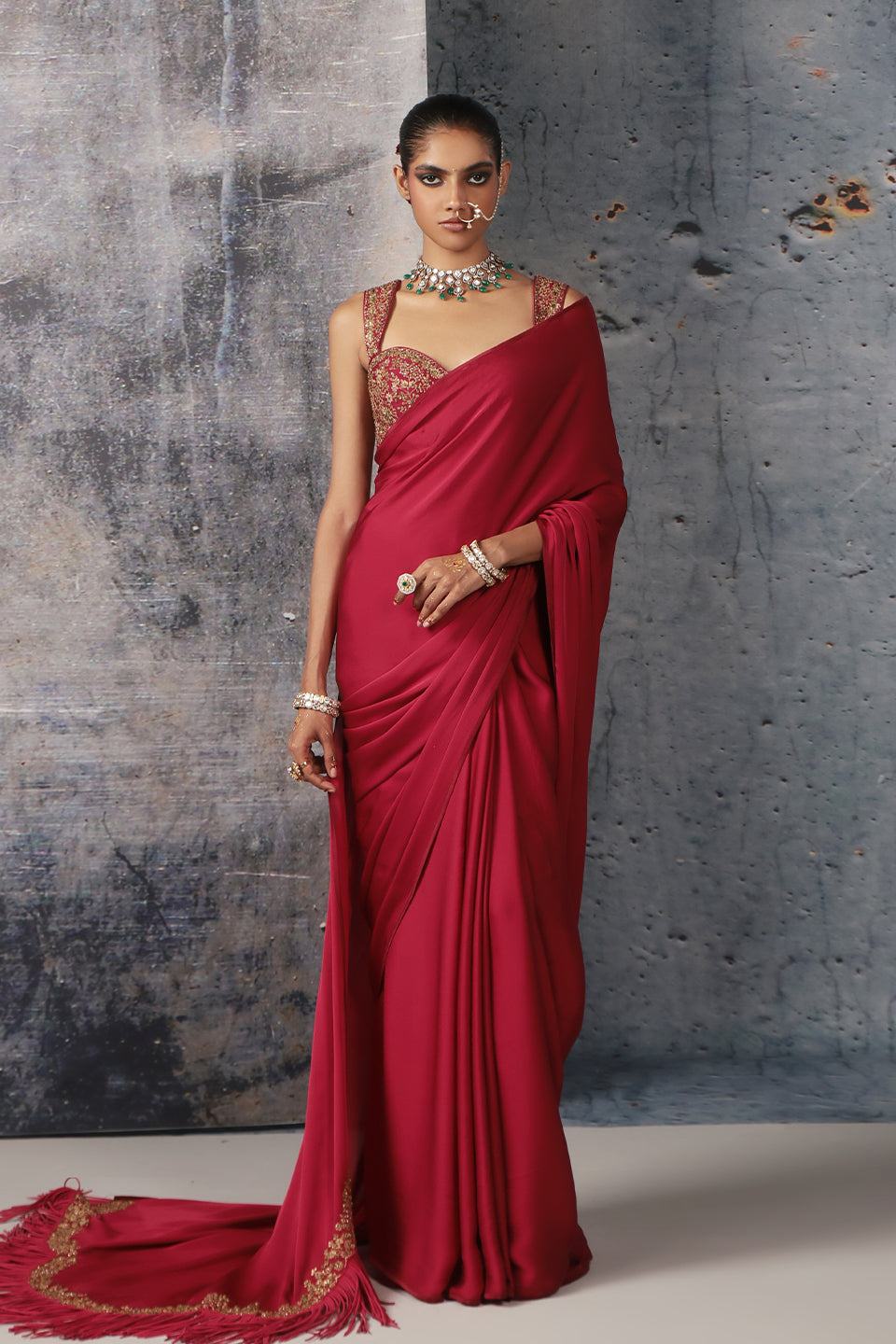 Zar:Rang Maroon Heavy Fringe Saree Set